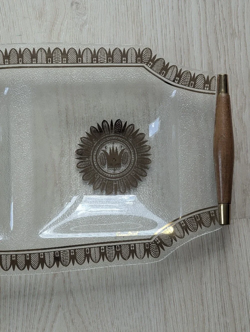 Vintage Georges Briard Glass Tray, Teak Handles, Gold & Brown Design.